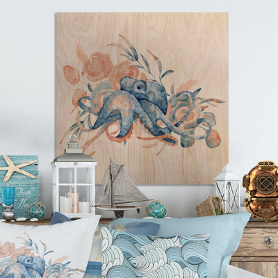 Blue Octopus With Pink Flowers - Nautical & Coastal Wood Wall Art Panels - Natural Pine Wood -  Highland Dunes, 7383EBF4B3484F1692D043DE211033A5