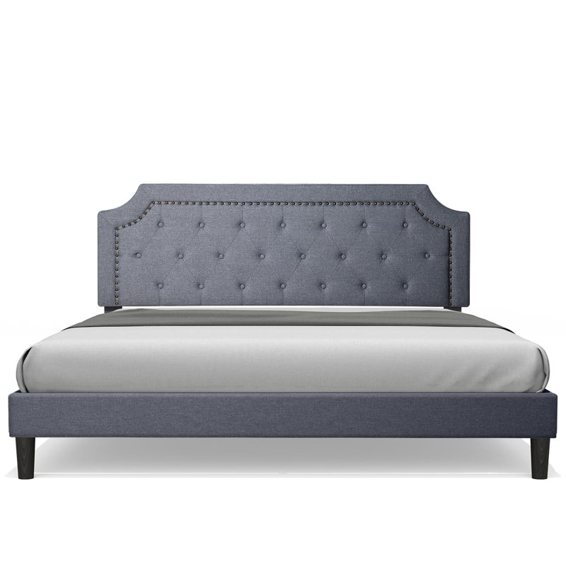 Toman Steel Bed Frame Upholstered with Headboard, No Boxing Needed, Light Gray,  Full / Double
