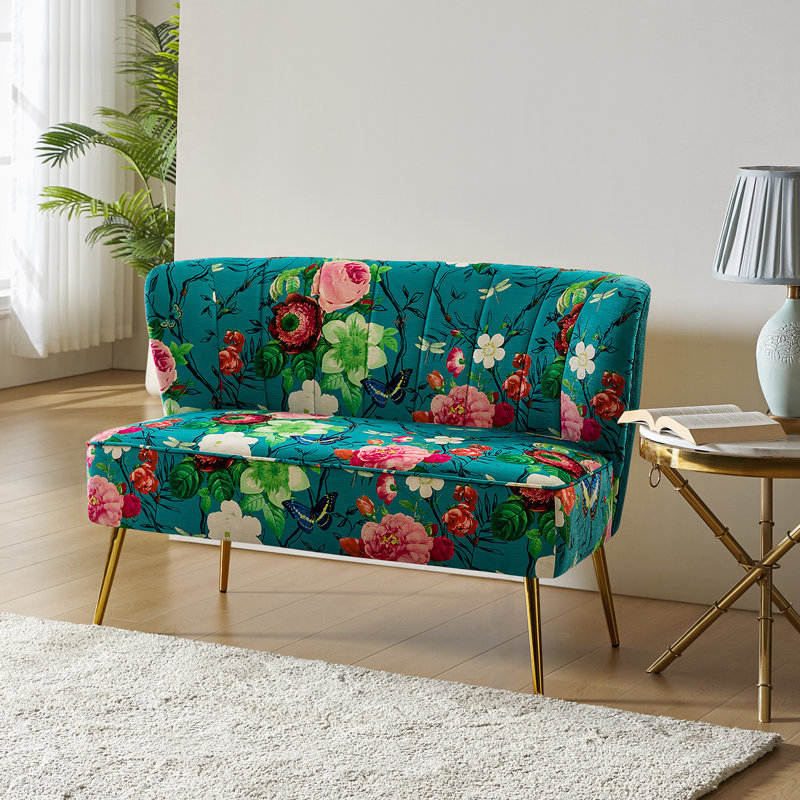 Alice Felicia Flora Printed Armless Loveseat with Metal Legs, Blue