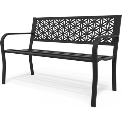 Banc de 50 po en métal avec dossier floral, banc de jardin avec bancs de véranda pour l'entrée de la cour, parc à l'extérieur, capacité de 800 lb - noir