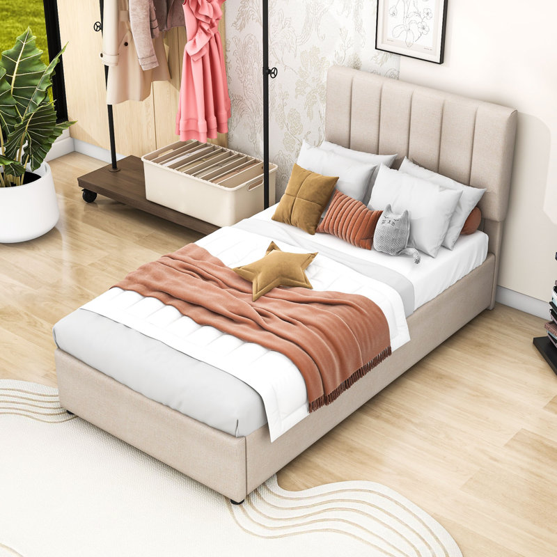 Lit plateforme simple tapissier avec système de rangement, Beige