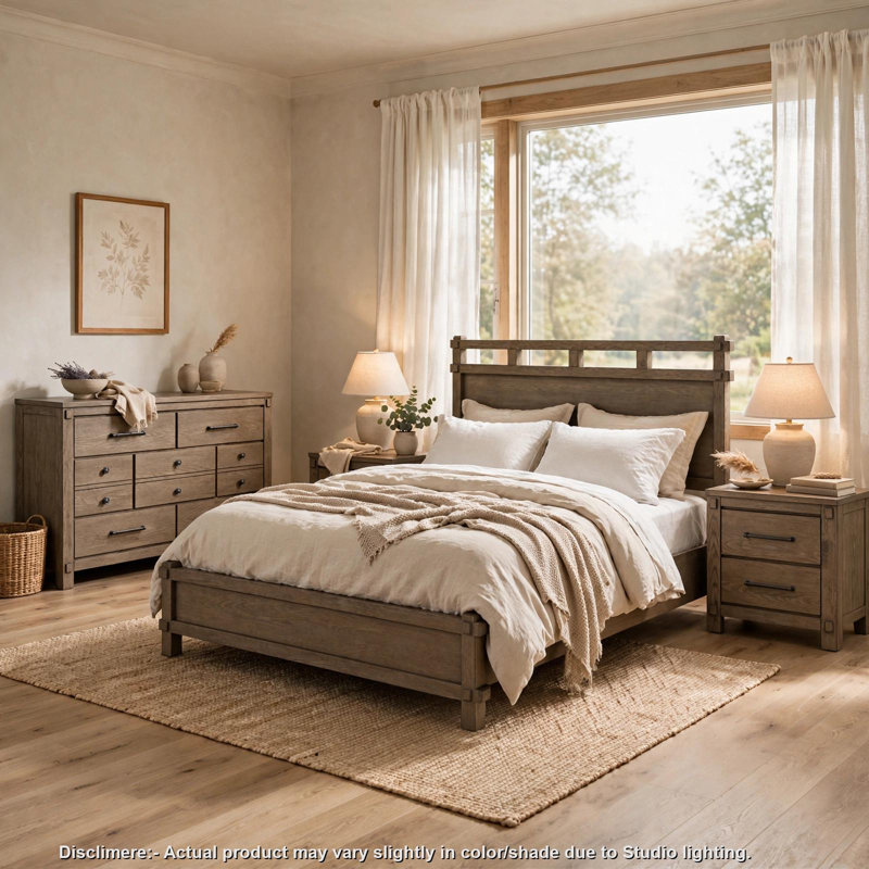 Ensemble de chambre à coucher Queen, design à panneaux, chêne brun antique, 4 pièces avec 2 tables de chevet