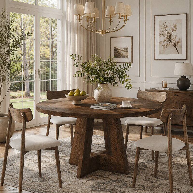 Table de salle à manger ronde en bois massif pour 4-6, 47 po