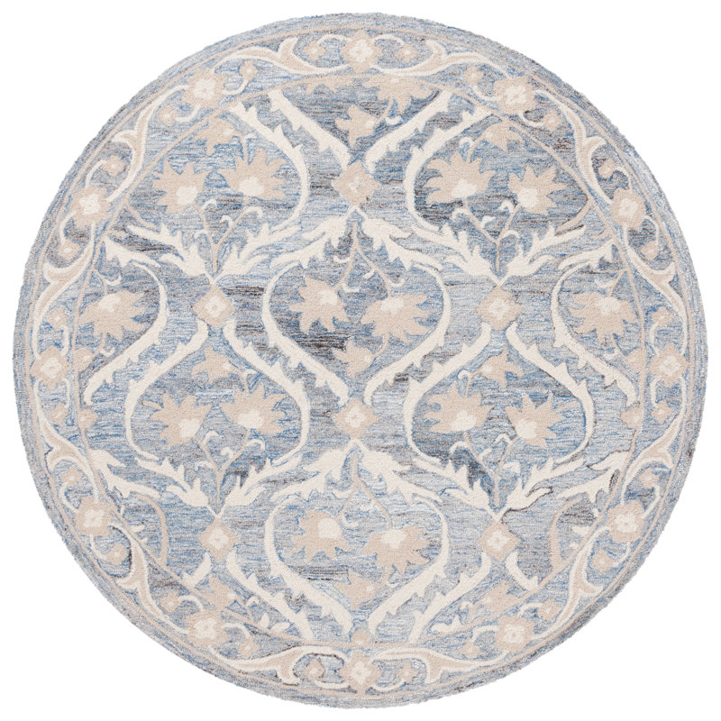 Bornie Tufted Wool/Cotton Damask Rug in Blue/Ivory, Round 6'