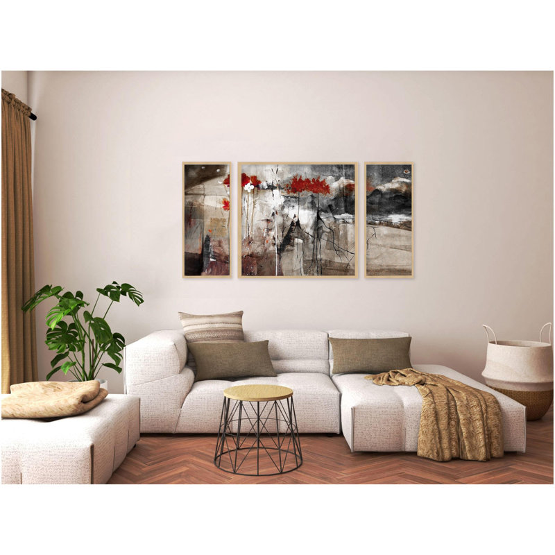 Abstrait - ensemble de 3 reproductions sur toile, H 40 po x l 60 po, Impression encadrée naturelle, Blanc