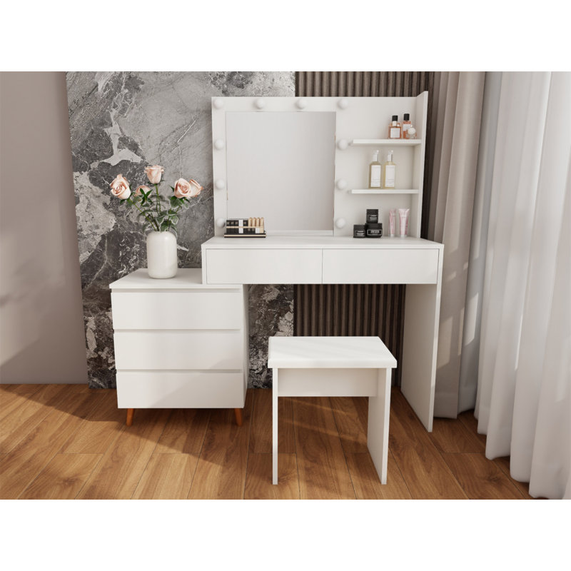 LED Lighted Makeup Vanity Table With Mirror - White Beauty Station With Storage Drawers, Matching Stool, And Organizing Compartments For Makeup Brushes And Cosmetics
