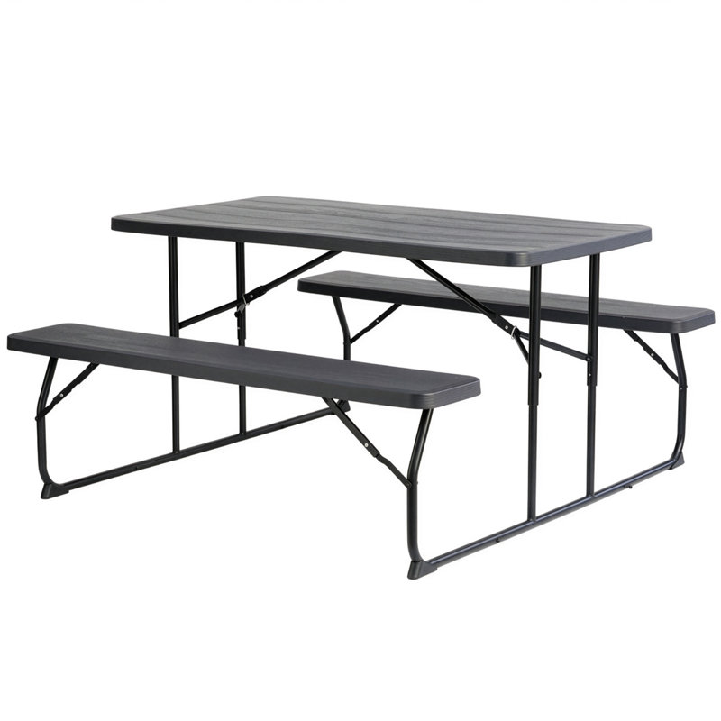 Gray Folding Picnic Table Set with Benches, Woodgrain Plastic Outdoor Dining Table with Steel Frame, Portable Foldable Picnic Bench Table for Patio, Backyard, Camping, Park, Seats 6