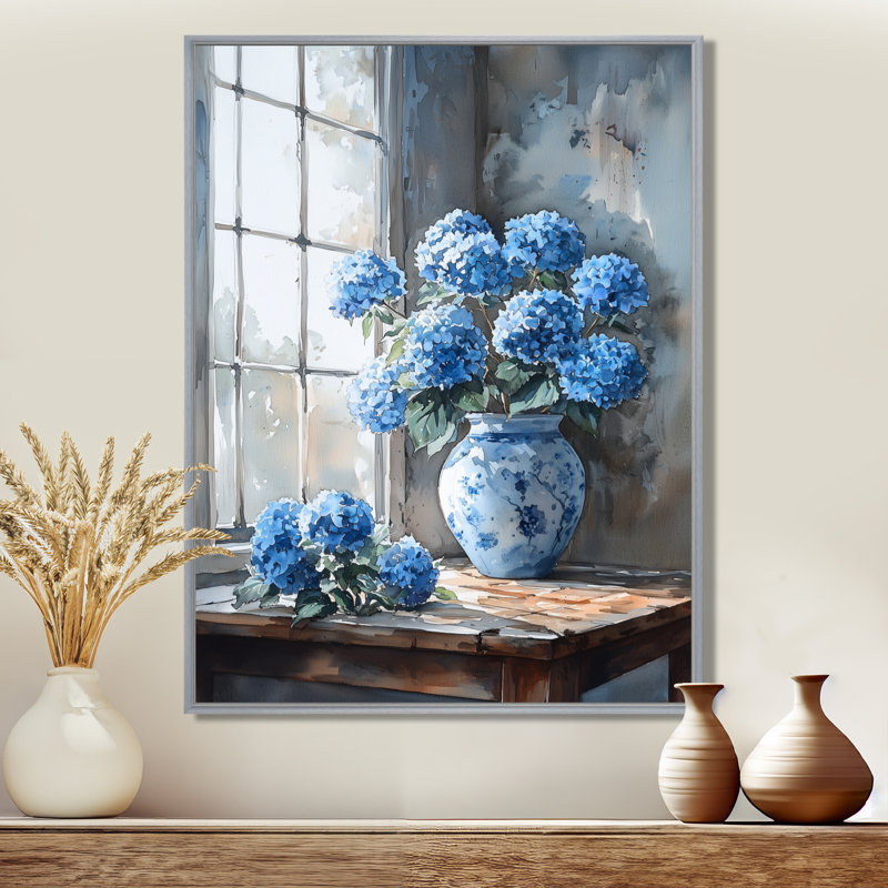 Hortensias dans une nature morte scène II - hydrangées, art mural, H 40 po x l 30 po, Impression encadrée sans passe-partout