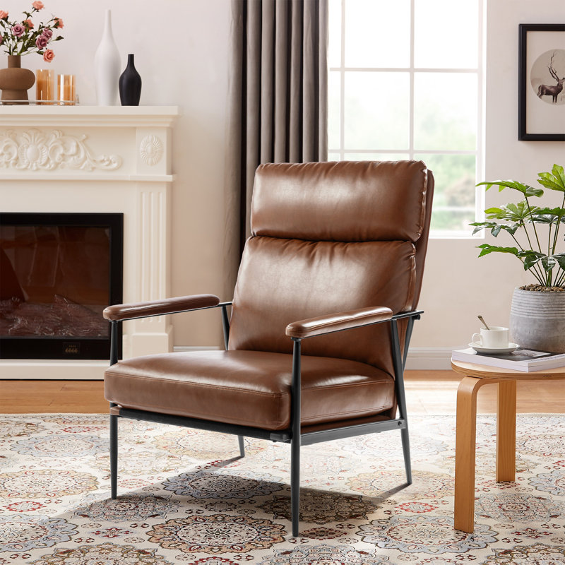 Mid-Century Modern Leatherette Armchair With High Back And Padded Arms, Brown Faux Leather