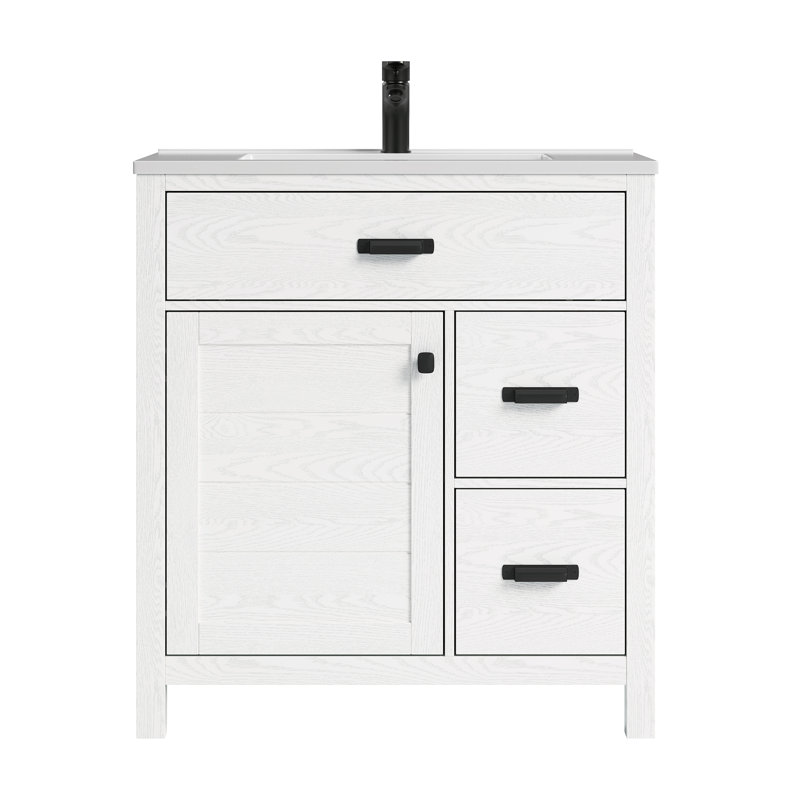 Adria 30" Freestanding White Single Sink Bathroom Vanity With Solid Surface Composite Top, White