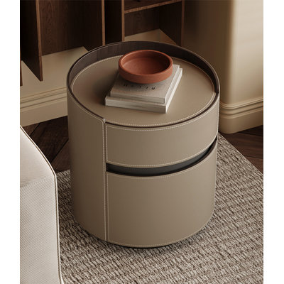 Modern Round Leather Nightstand With Two Hidden Drawers And Smooth Glides, Perfect For The Bedroom