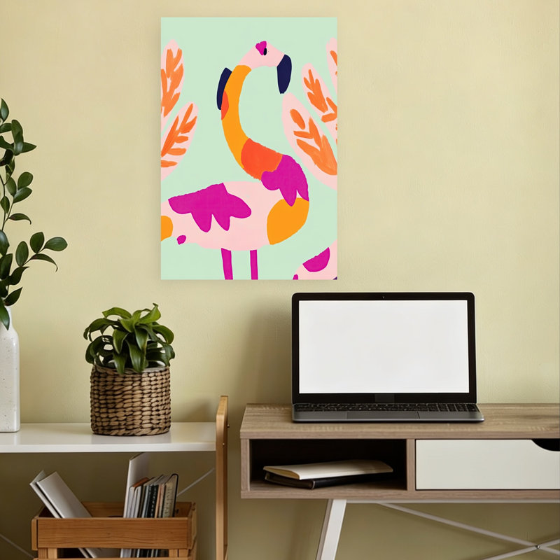 Vibrant Flamingo Leaves Abstract Colorful Playful Bird Flamingo Nature Plant Wall Art Print 1 Piece Wrapped Canvas Wall Art
