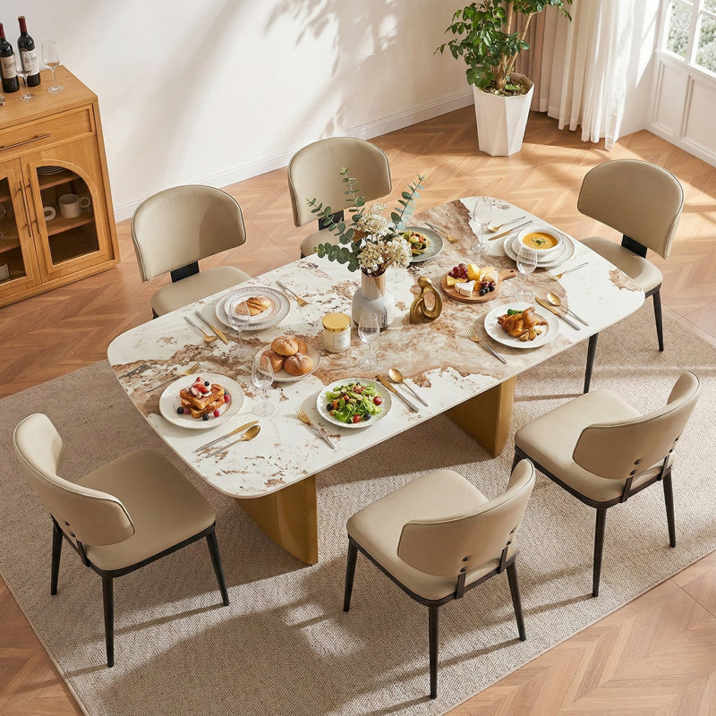 71'' Luxury Sintered Stone Top Dining Table, Modern Rectangular Kitchen Table for 6-8 People with Stainless Steel, Gold Base Dining Room Table for Living Room ( Table Only)