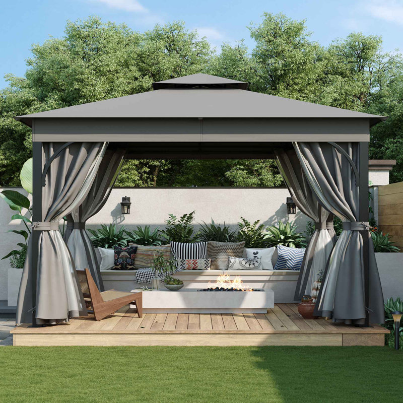 Terrace gazebo with mosquito net and privacy screen, 108" H x 144" W x 120" D, Grey
