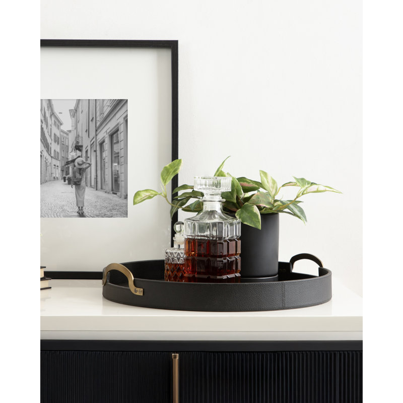 Round Vegan Leather Tray with Handles, Black