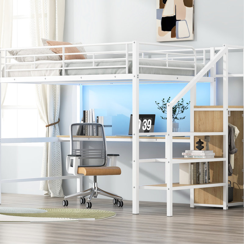 Lit mezzanine double en métal de couleur blanche avec bureau, escalier de rangement, petite armoire et DEL, fonctionnel et durable