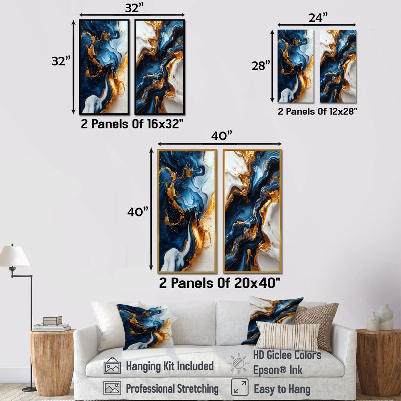 Géode abstraite, ensemble de 2 pièces d'art mural en marbre doré et bleu I, H 32 po x l 32 po, Toile tendue sur cadre