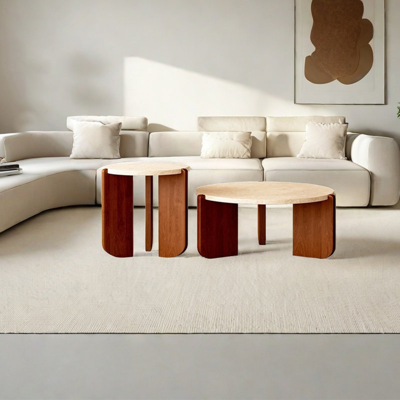 Ensemble de tables basses style français avec pieds en teck, H 15 po x l 31,49 po x l 31,49 po, Brun