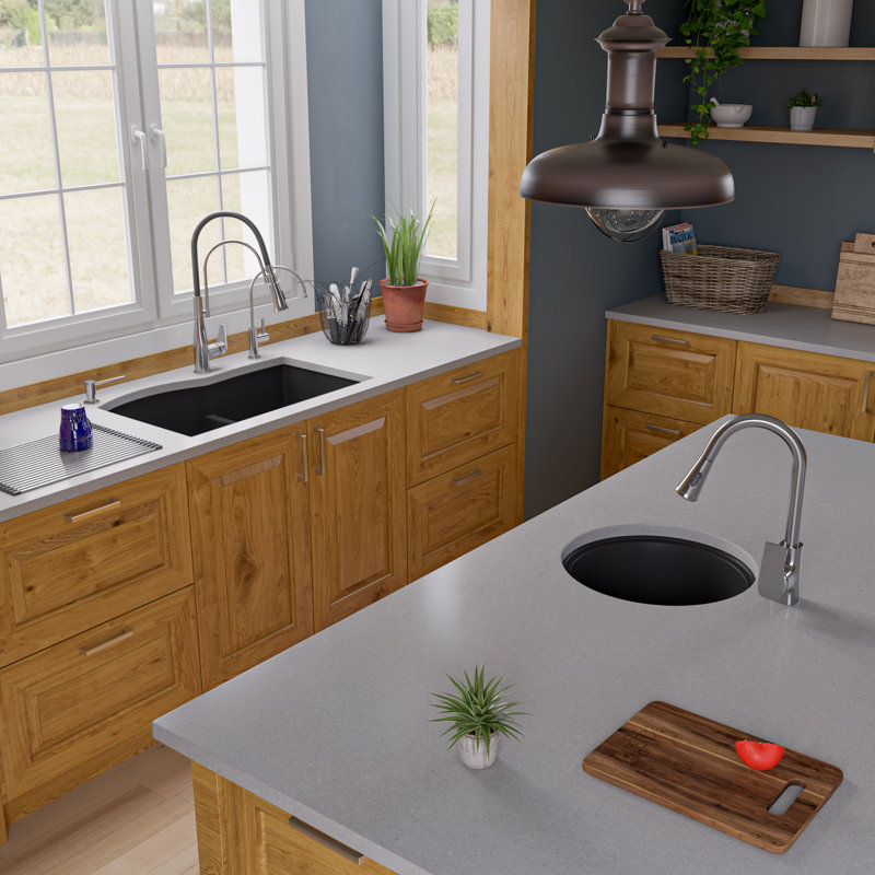 Évier de cuisine à double cuve en granite composite L 33 po x l 21 po, Noir