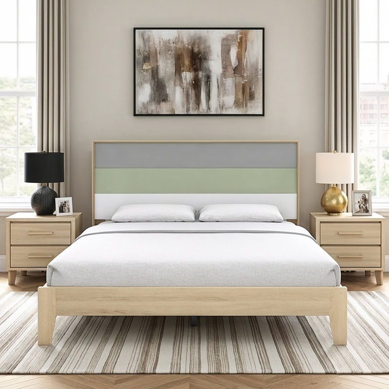 Allyannah Levison Platform Bed With Headboard, Queen, Oslo Oak/Cool Gray/Sage Green/White