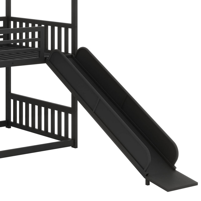 Twin-Size House-Style Metal Bunk Bed With Slide And Staircase, Black