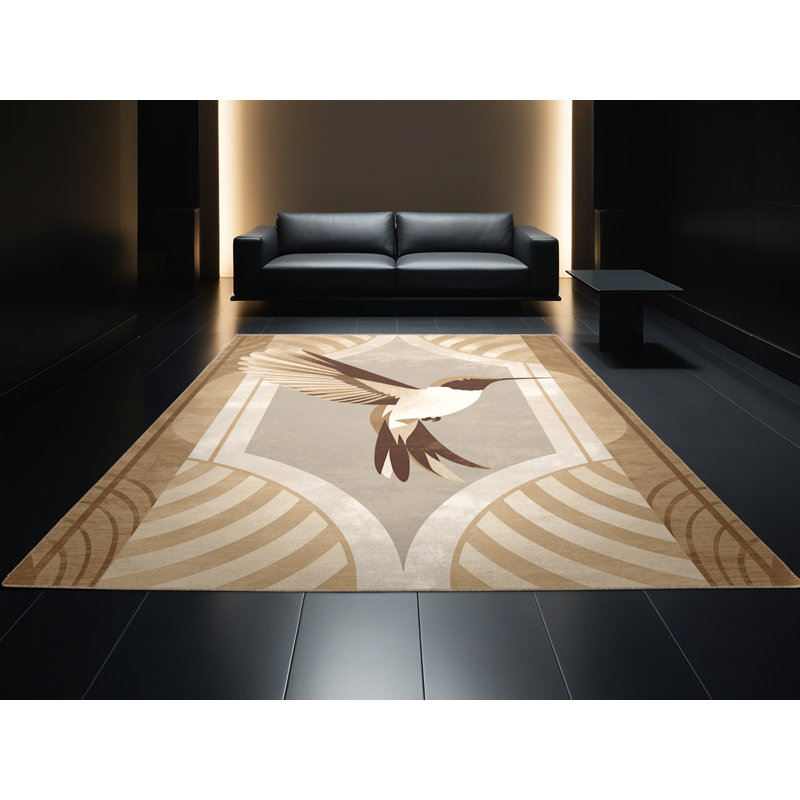 Machine Washable Ozain Hummingbird Art Deco Arc Rug in Brown – Binding, 2x3