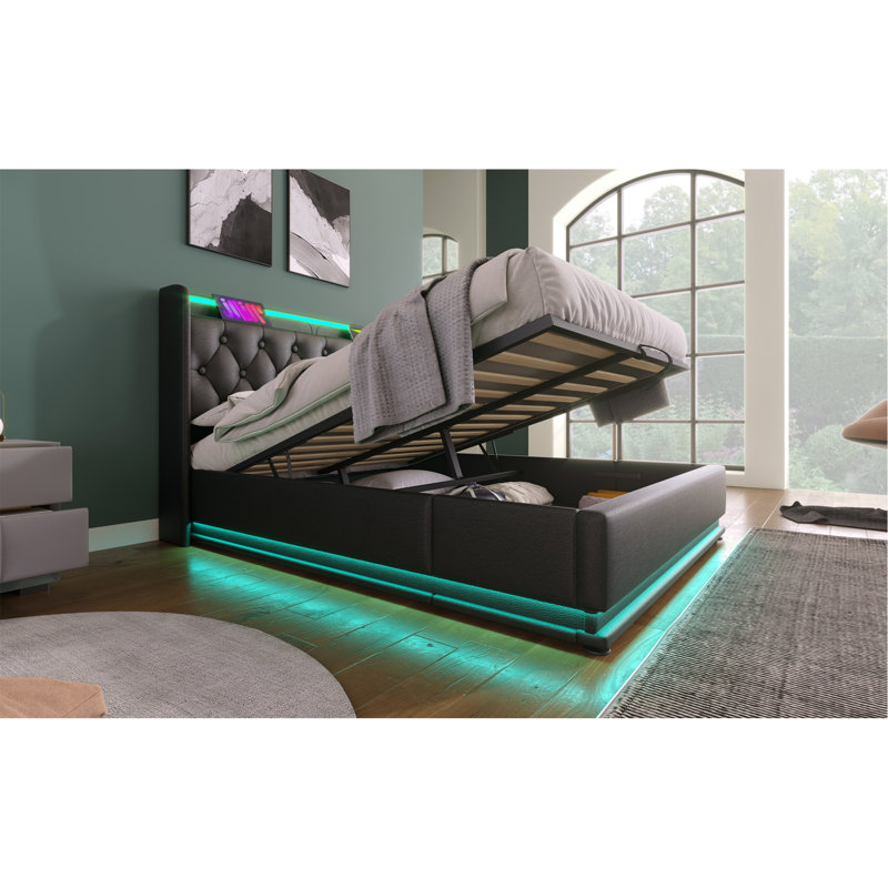 Lit rembourré, fonction à DEL à 360 degrés, boutons / applications / télécommande, lit de rangement hydraulique avec chargement USB de type C, noir, unité centrale (sans matelas)