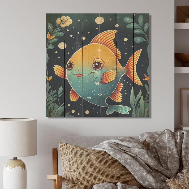 Joli dessin de poisson en orange et bleu - impression sur bois sans cadre, H 24 po x l 24 po x P 1 po