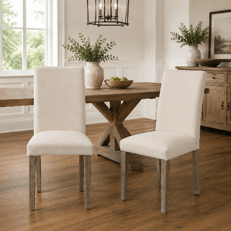 Lot de 2 chaises de salle à manger rembourrées, style chaises d'appoint, pour cuisine ou salon, avec pieds en bois massif et revêtement en tissu mélangé en lin.