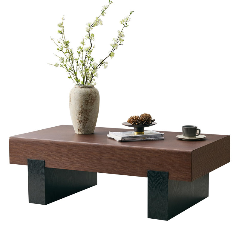 Table basse en bois de noyer avec rangement, table basse rectangulaire moderne avec plateau épais pour le salon, Noyer