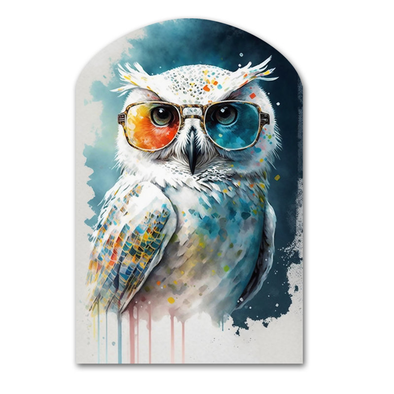 Chouette blanche fraîche avec des lunettes de soleil géniales II - animaux, art en forme d'arche, H 34 po x l 25 po
