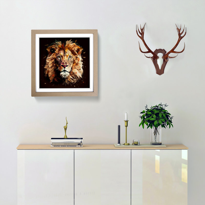 Lion Polygon - Framed Print, Oak
