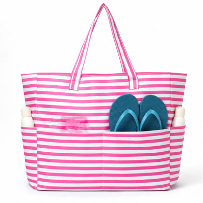 Backpack White Stripe Beach Tote Bag With Pockets Large Canvas Shoulder Bag