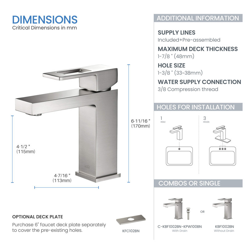 Robinet de salle de bain à un trou cubique avec ensemble de bonde optionnel, Nickel brossé, Drainage inclus