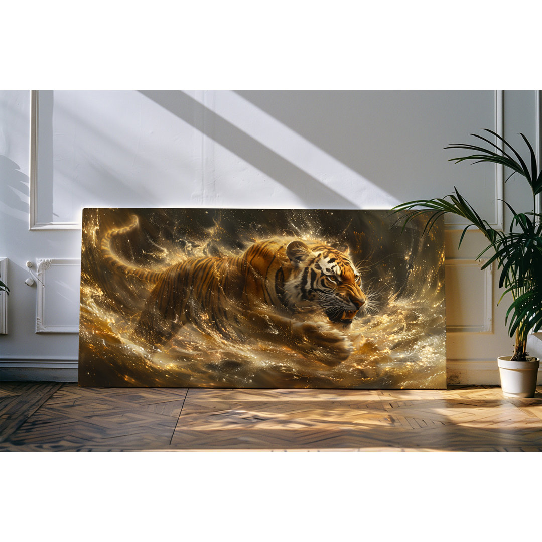 Wandbild 120x60cm Tiger Raubkatze Kunstwerk Feuer Wild