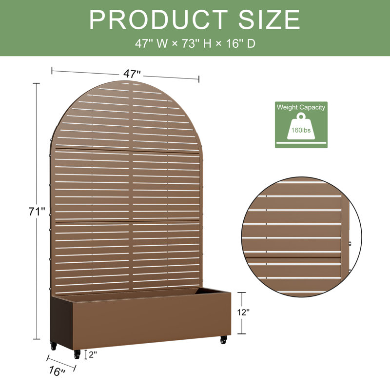 Arch Metal Planter Box with Trellis with Wheels, Brown, 72" H x 47" W x 16" D