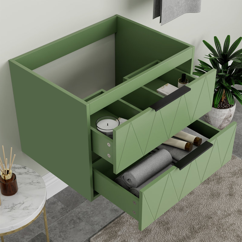 24" Wall Mount Single Bathroom Vanity Base Only, 2 Soft-close Drawers, Zinc Alloy Hardware, Green