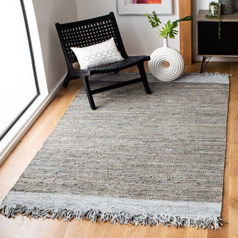 Exley Hand Woven Leather/Cotton Solid Color Rug in Light Gray, Rectangle 6' x 9'