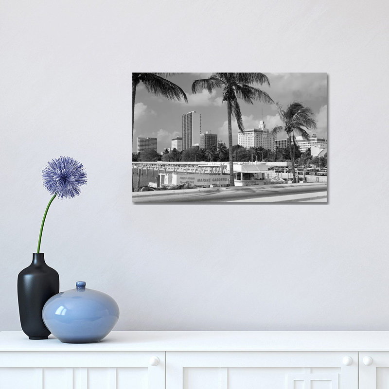 1970s Sightseeing Boat At Pier Day Light Skyline Palm Trees Miami Florida USA - Wrapped Canvas Print, 30.48 cm H x 45.72 cm W