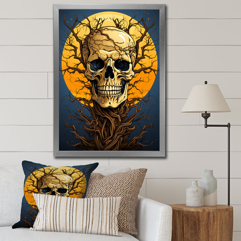 «Happy Full Moon Skull» souriant, reproduction sur toile, Cadre simple argenté, H 44 po x l 34 po x P 1,5 po