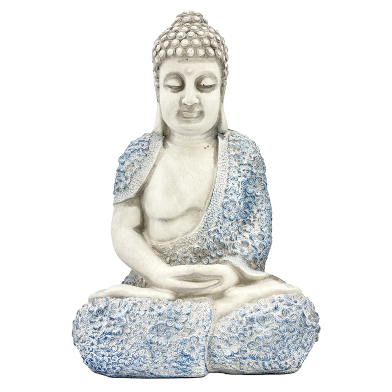 Statue de jardin de Bouddha assis 16 po avec robe de fleur, Gris te bleu