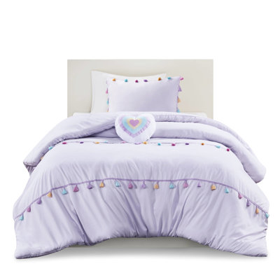 Cute Tassel Comforter With Heart Pillow In Playful Lavender Bedding Full/Queen Sweet Tassels And Heart-Shaped