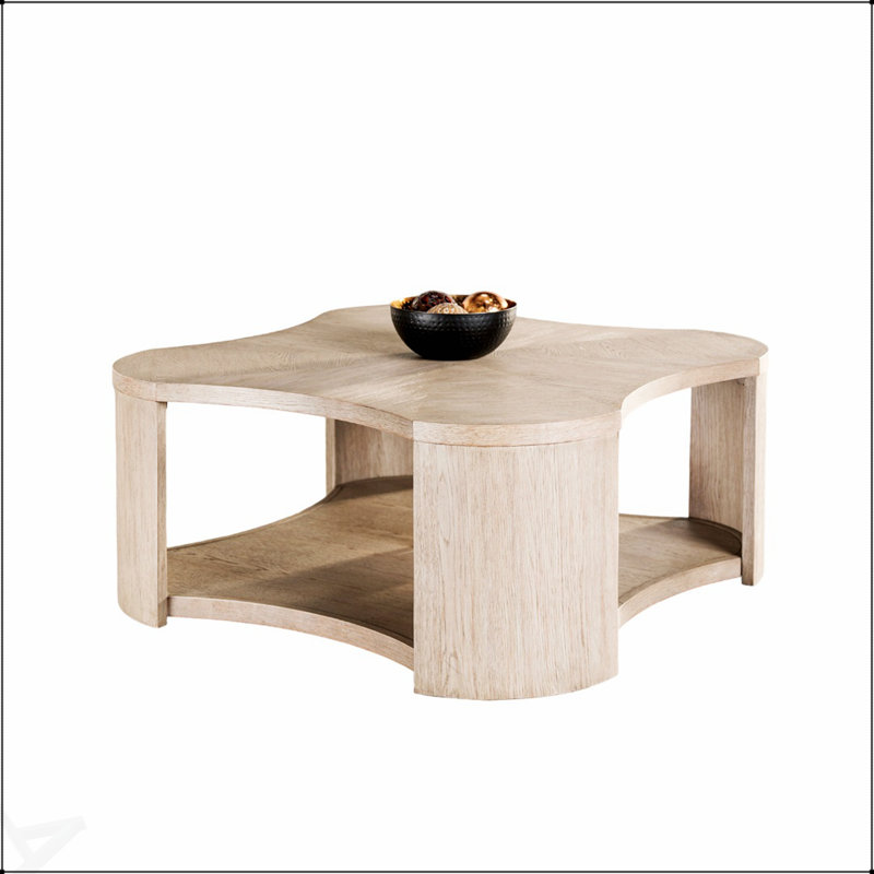 Table basse de style moderne avec rangement ouvert et roulettes, structure en bois d'hévéa au fini chêne pour une utilisation polyvalente