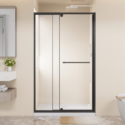 Porte de douche à pivot 44 x 48 po x H 72 po, porte de douche en verre trempé transparent épais de 1/4 po avec poignée en acier inoxydable, noir