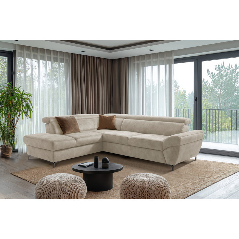 MONTANA Fabric Corner Sofa with Sleeping Function and Storage and Adjustable Headrests, Beige, Left Hand Facing