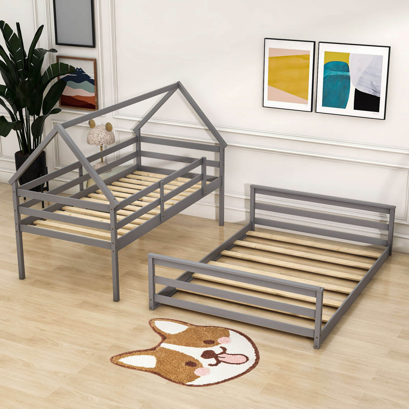 Lit superposé House, lit superposé simple au-dessus d'un lit double en bois avec échelle intégrée, gris