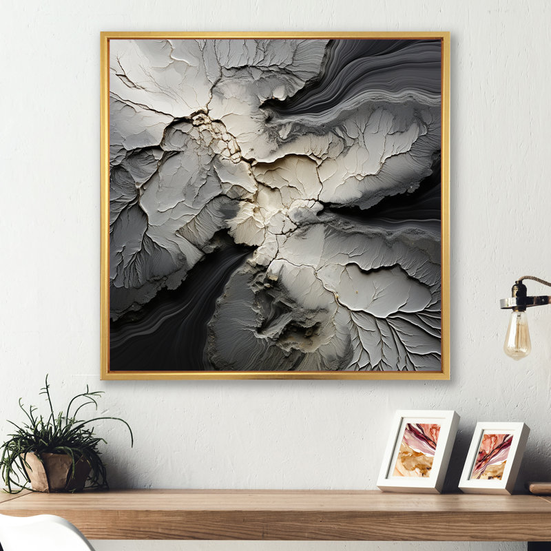 Geode de pierre grise brisée, minimalisme encadré sur toile, Cadre flottant doré, H 30 po x l 30 po x P 1 po