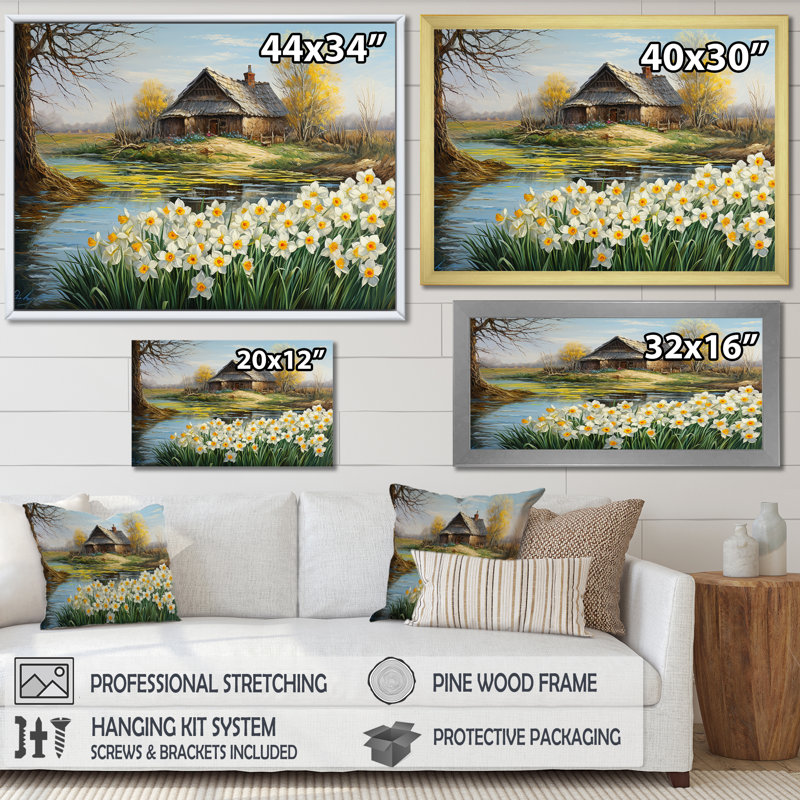 «White and Yellow Daffodils Country Charm I», reproduction sur toile, H 34 po x l 44 po x P 1,5 po, Cadre simple blanc