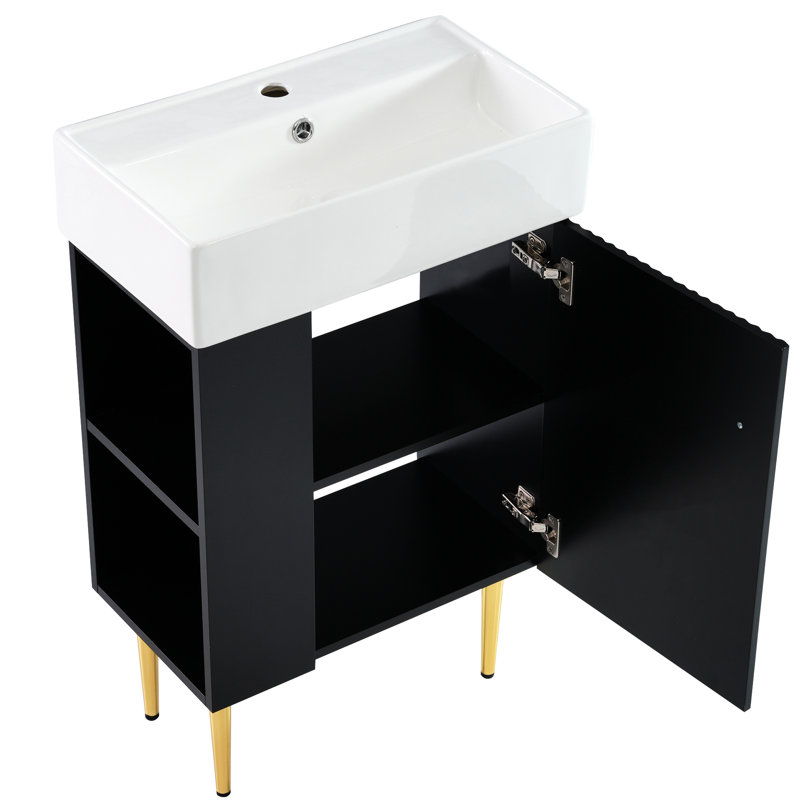 Meuble-lavabo noir 21,6 po, lavabo en céramique, meuble-lavabo gauche avec lavabo et support, Noir