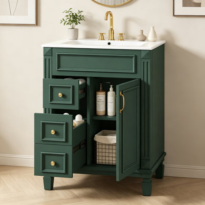 Armoire de meuble-lavabo contemporaine 24 po avec lavabo en céramique intégré, unité de rangement autoportante avec 2 tiroirs et tablette réglable personnalisable